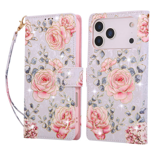 For iPhone 17 Pro Max Case RFID Blocking Flower Leather Phone Cover with Wrist Strap - Rose Flower