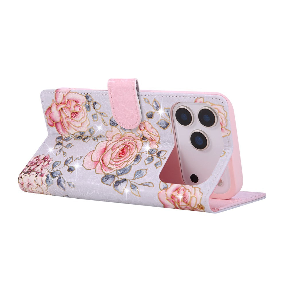 For iPhone 17 Pro Max Case RFID Blocking Flower Leather Phone Cover with Wrist Strap - Rose Flower