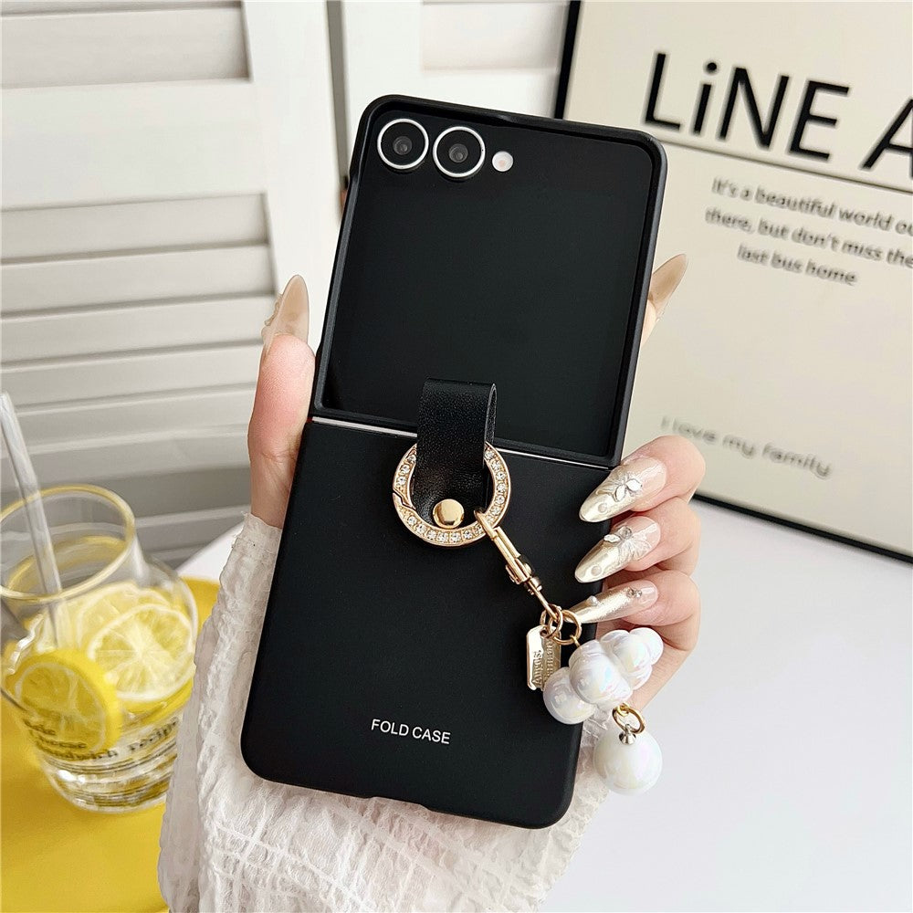 For Samsung Galaxy Z Flip7 5G Case Ultra Slim PC Phone Cover with Pearl Pendant - Black