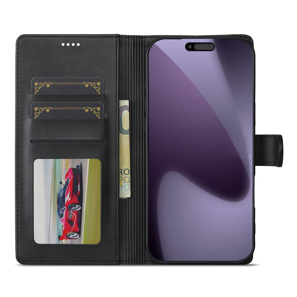 LC.IMEEKE For iPhone 17 Pro Max Case Calf Texture PU Leather Stand Wallet Phone Cover - Black