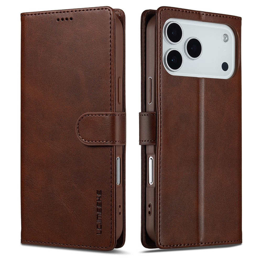 LC.IMEEKE For iPhone 17 Pro Max Case Calf Texture PU Leather Stand Wallet Phone Cover - Brown