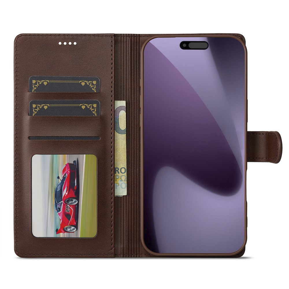 LC.IMEEKE For iPhone 17 Pro Max Case Calf Texture PU Leather Stand Wallet Phone Cover - Brown