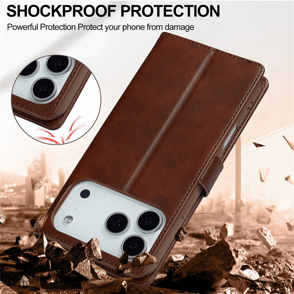 LC.IMEEKE For iPhone 17 Pro Max Case Calf Texture PU Leather Stand Wallet Phone Cover - Brown