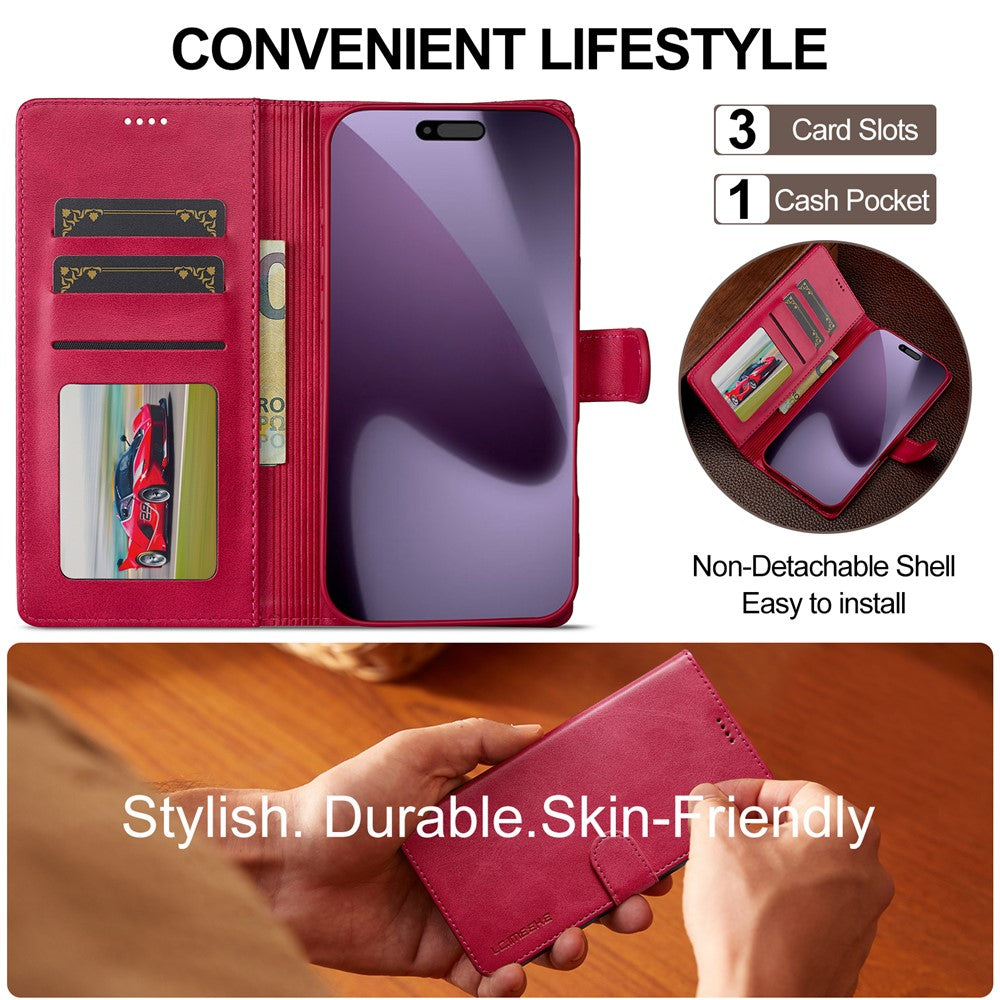 LC.IMEEKE For iPhone 17 Pro Max Case Calf Texture PU Leather Stand Wallet Phone Cover - Rose