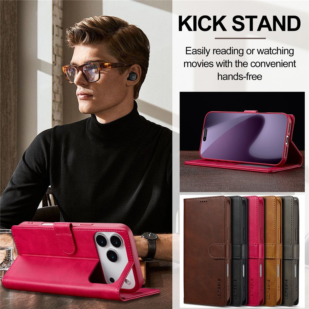 LC.IMEEKE For iPhone 17 Pro Max Case Calf Texture PU Leather Stand Wallet Phone Cover - Rose