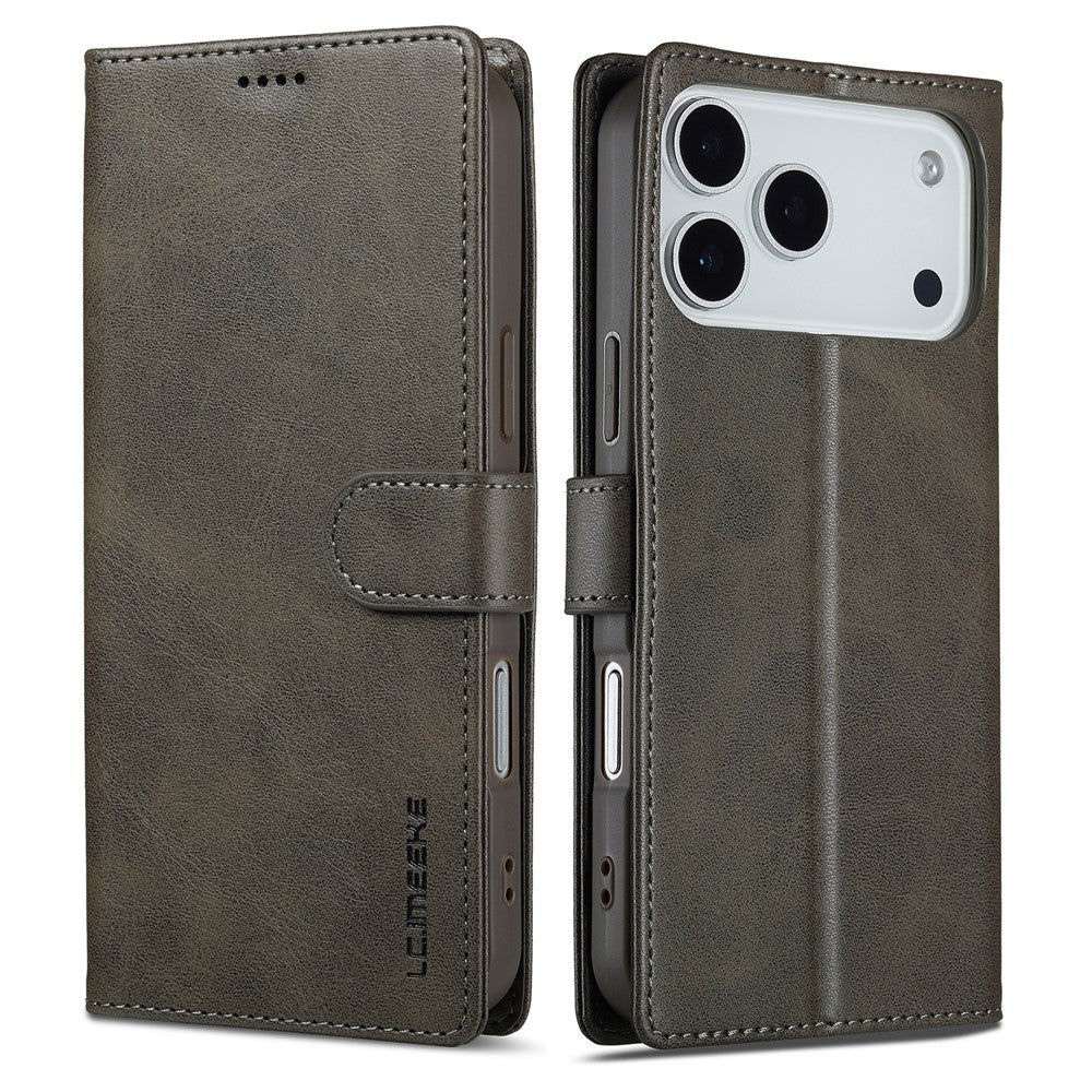 LC.IMEEKE For iPhone 17 Pro Max Case Calf Texture PU Leather Stand Wallet Phone Cover - Grey