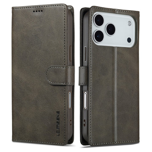 LC.IMEEKE For iPhone 17 Pro Max Case Calf Texture PU Leather Stand Wallet Phone Cover - Grey
