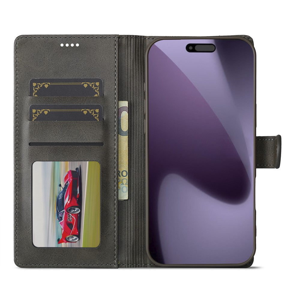 LC.IMEEKE For iPhone 17 Pro Max Case Calf Texture PU Leather Stand Wallet Phone Cover - Grey