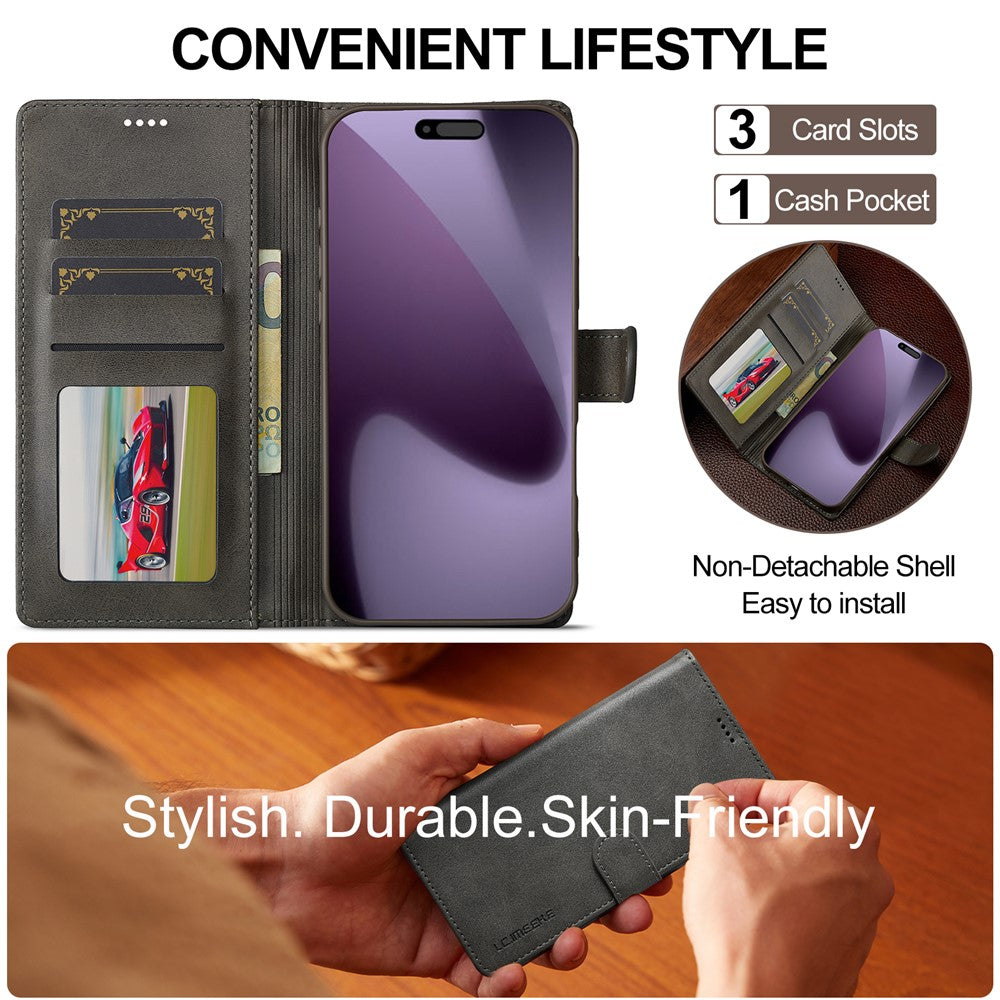 LC.IMEEKE For iPhone 17 Pro Max Case Calf Texture PU Leather Stand Wallet Phone Cover - Grey