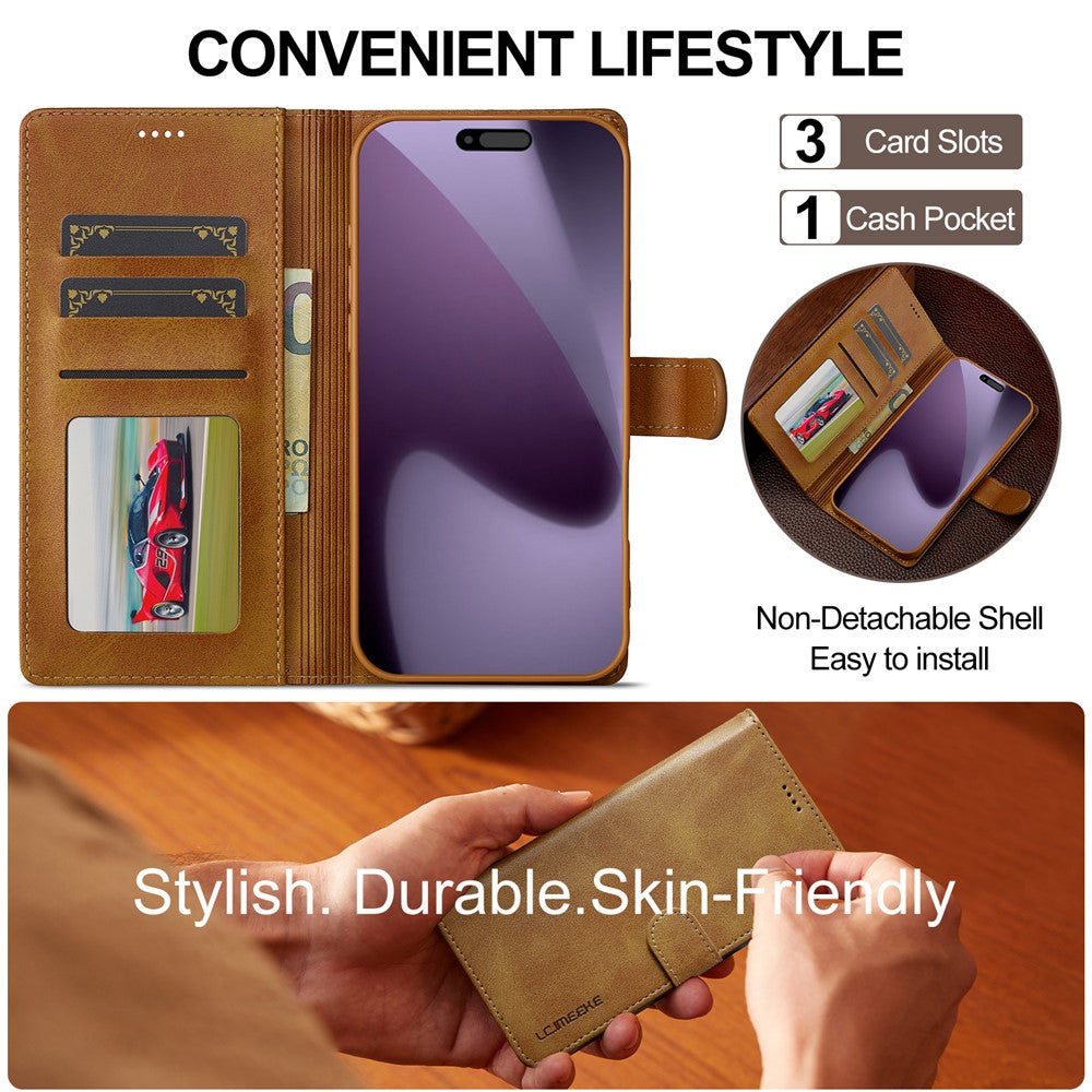 LC.IMEEKE For iPhone 17 Pro Max Case Calf Texture PU Leather Stand Wallet Phone Cover - Yellow