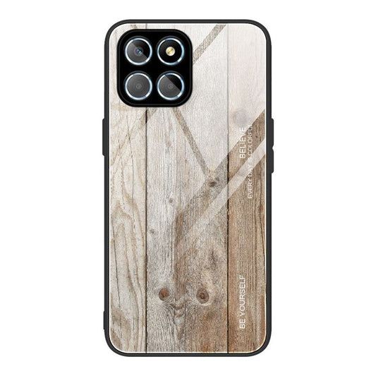 For Honor X8 5G Tempered Glass Shell Phone Case Wooden Pattern TPU Frame Shock Absorption Cover - Grey