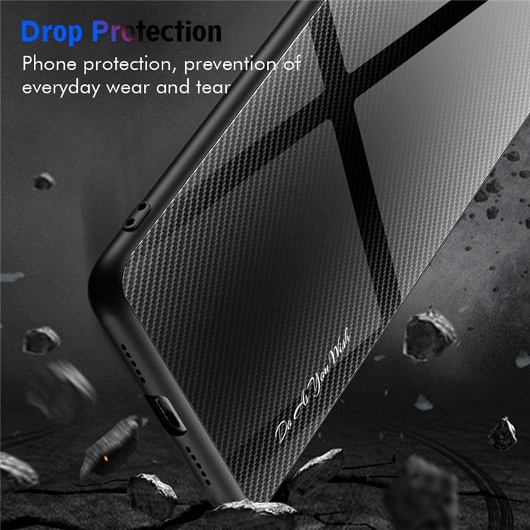 Tempered Glass+TPU Cell Phone Cover for Honor X8 5G, Carbon Fiber Texture Wear-resistant Phone Case - Black