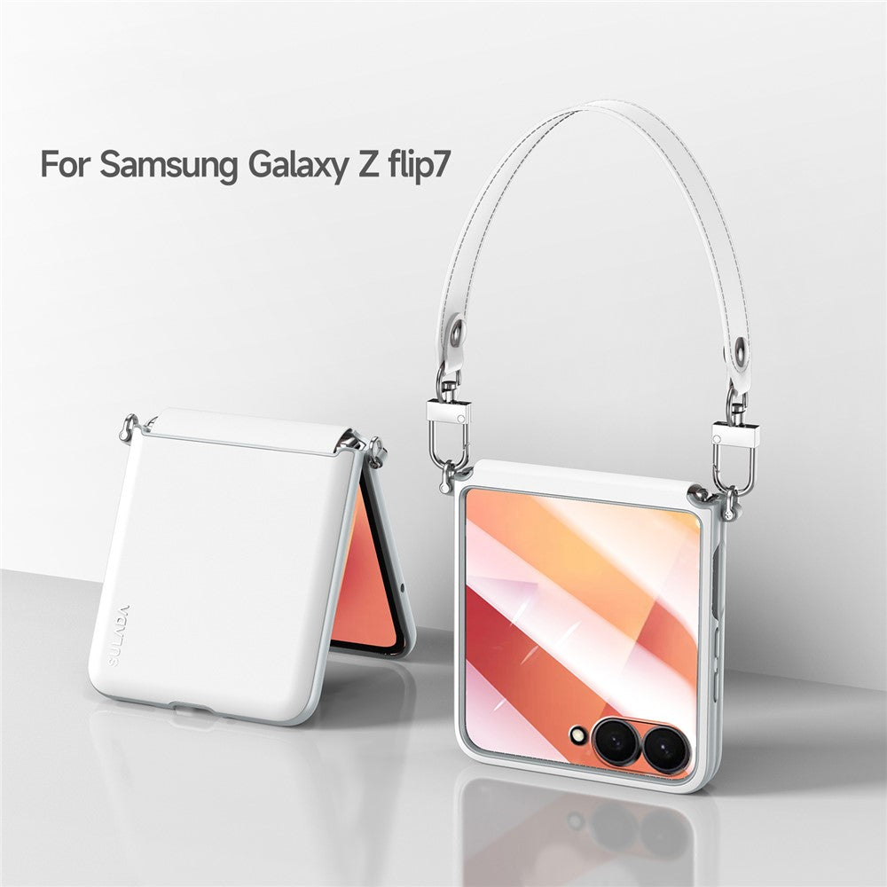 SULADA For Samsung Galaxy Z Flip7 5G Case with Strap Leather Back Phone Cover Hinge Protection - White