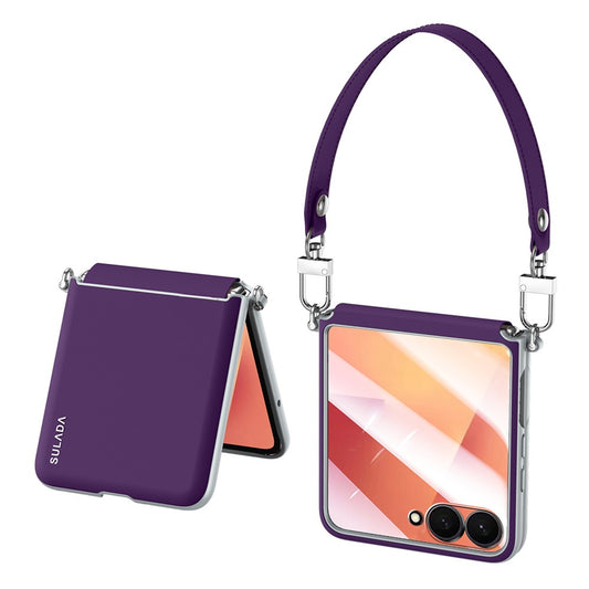 SULADA For Samsung Galaxy Z Flip7 5G Case with Strap Leather Back Phone Cover Hinge Protection - Purple