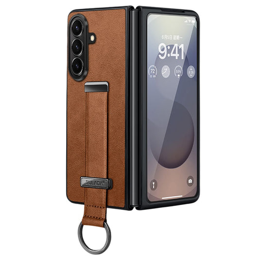 SULADA Fashion Series for Samsung Galaxy Z Fold7 5G PU Leather + PC Phone Case Adjustable Wristband Kickstand Cover - Brown