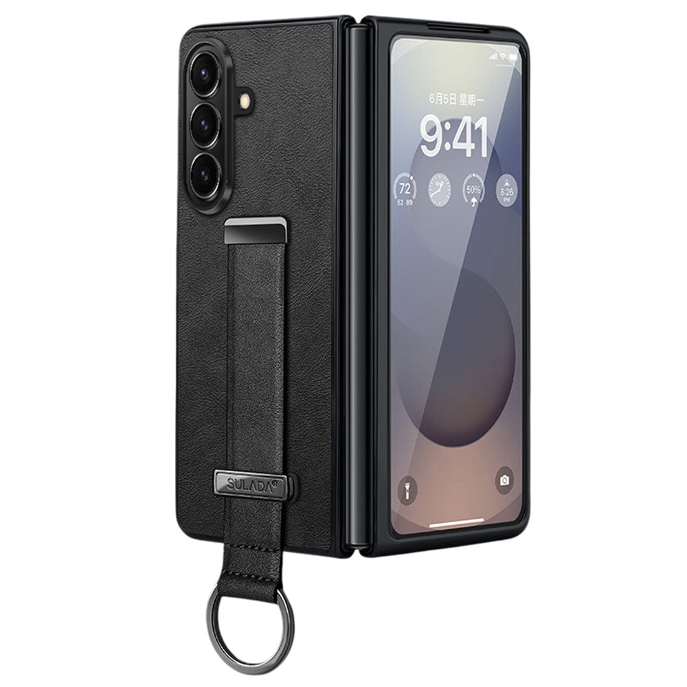 SULADA Fashion Series for Samsung Galaxy Z Fold7 5G PU Leather + PC Phone Case Adjustable Wristband Kickstand Cover - Black