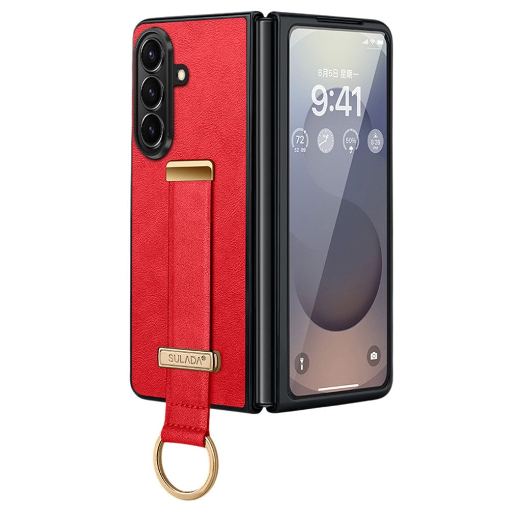 SULADA Fashion Series for Samsung Galaxy Z Fold7 5G PU Leather + PC Phone Case Adjustable Wristband Kickstand Cover - Red