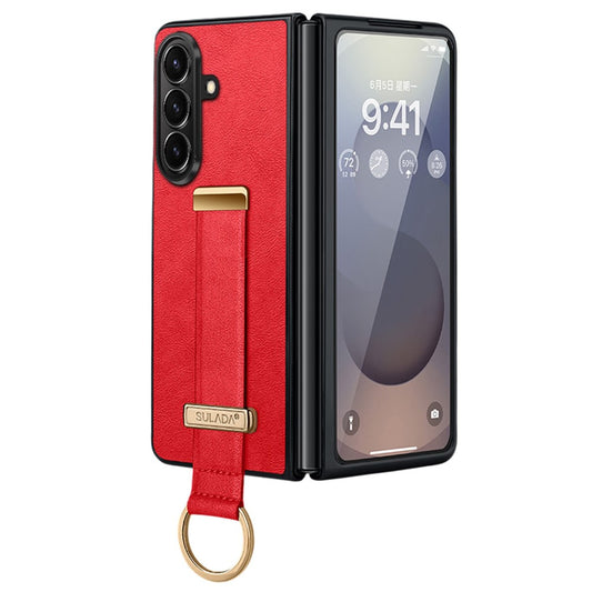 SULADA Fashion Series for Samsung Galaxy Z Fold7 5G PU Leather + PC Phone Case Adjustable Wristband Kickstand Cover - Red