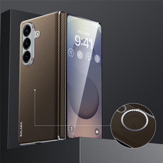 SULADA For Samsung Galaxy Z Fold7 5G Magnetic Case Leather+PC Phone Cover Carbon Fiber Texture - Brown