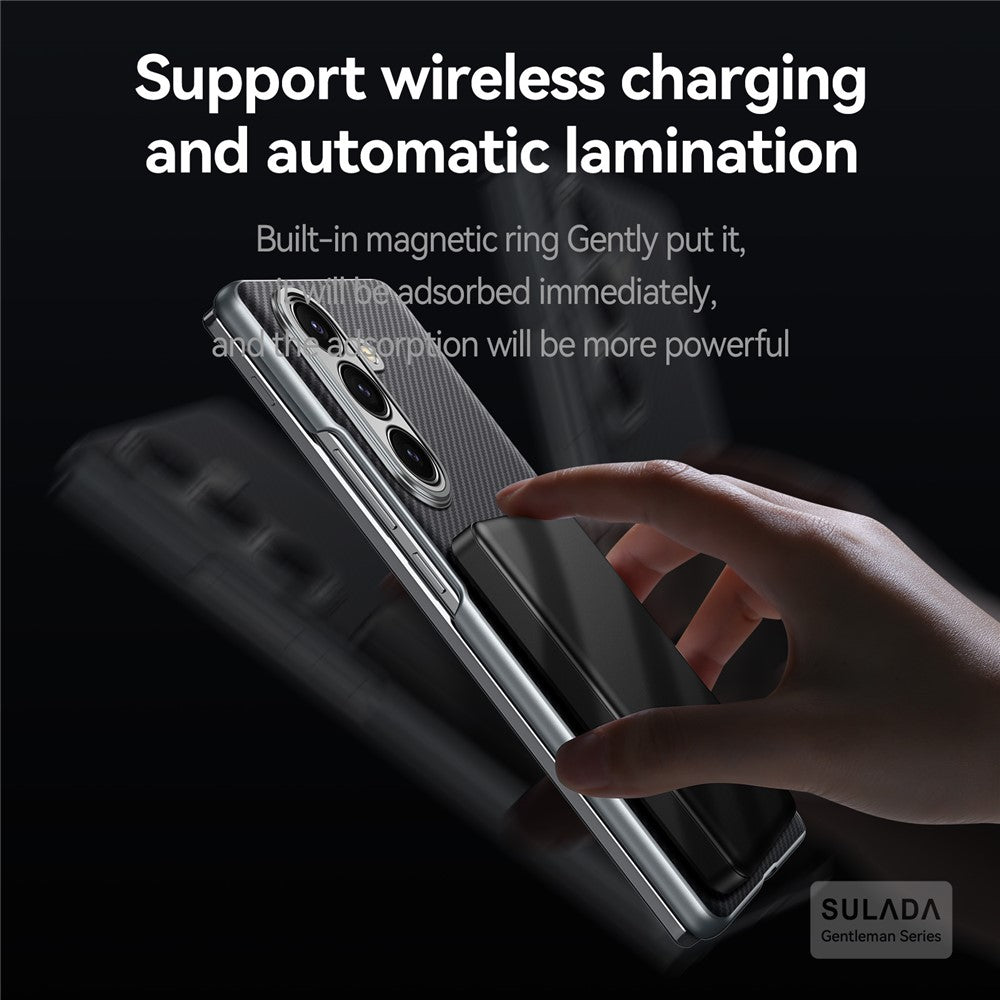 SULADA For Samsung Galaxy Z Fold7 5G Magnetic Case Leather+PC Phone Cover Carbon Fiber Texture - Brown