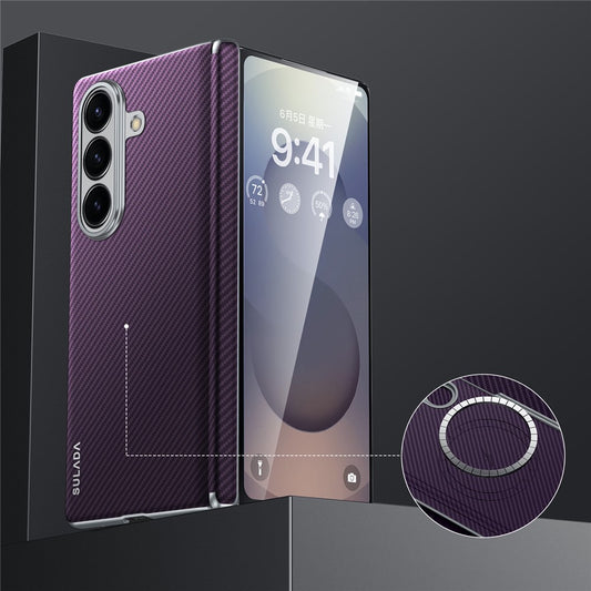 SULADA For Samsung Galaxy Z Fold7 5G Magnetic Case Leather+PC Phone Cover Carbon Fiber Texture - Purple