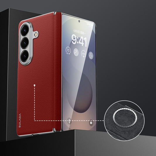 SULADA For Samsung Galaxy Z Fold7 5G Case Genuine Cow Leather Frameless Phone Back Cover - Red