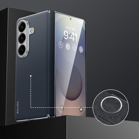 SULADA For Samsung Galaxy Z Fold7 5G Case Genuine Cow Leather Frameless Phone Back Cover - Sapphire