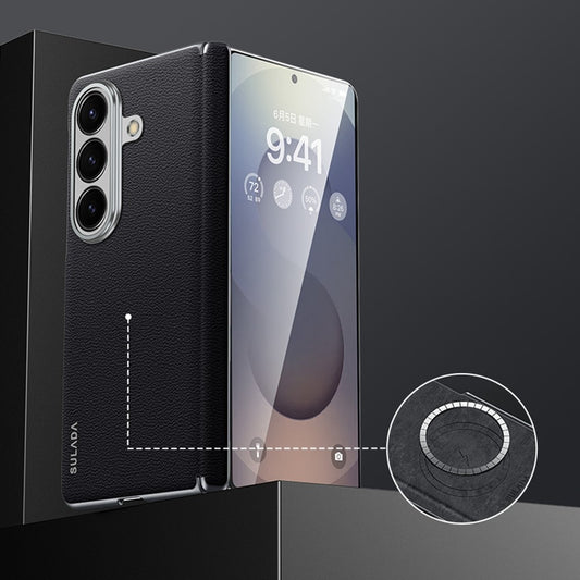 SULADA For Samsung Galaxy Z Fold7 5G Case Genuine Cow Leather Frameless Phone Back Cover - Black