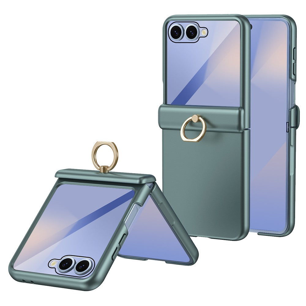 For Samsung Galaxy Z Flip7 5G Case with Tempered Glass Film Ring Holder Kickstand PC Phone Cover - Green