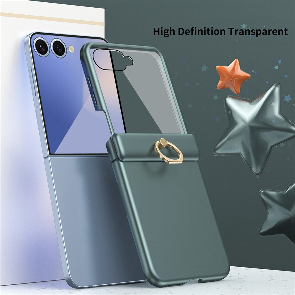 For Samsung Galaxy Z Flip7 5G Case with Tempered Glass Film Ring Holder Kickstand PC Phone Cover - Green