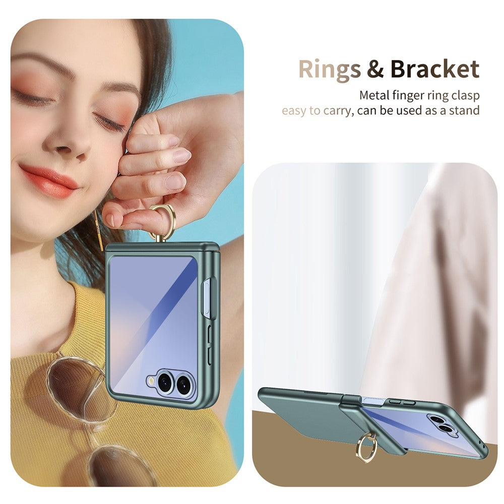 For Samsung Galaxy Z Flip7 5G Case with Tempered Glass Film Ring Holder Kickstand PC Phone Cover - Green