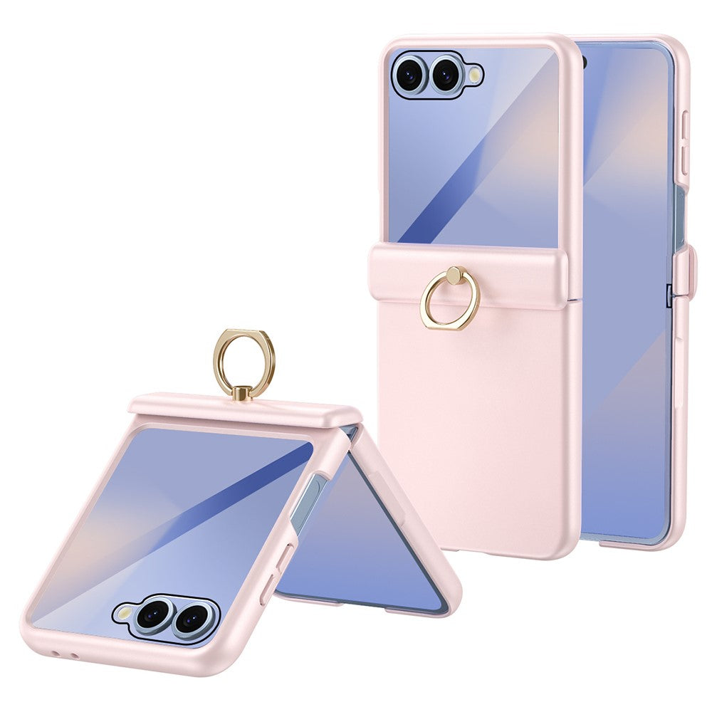 For Samsung Galaxy Z Flip7 5G Case with Tempered Glass Film Ring Holder Kickstand PC Phone Cover - Pink