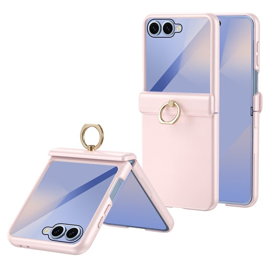 For Samsung Galaxy Z Flip7 5G Case with Tempered Glass Film Ring Holder Kickstand PC Phone Cover - Pink