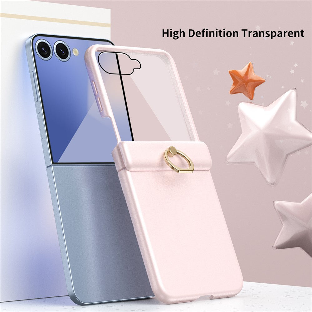 For Samsung Galaxy Z Flip7 5G Case with Tempered Glass Film Ring Holder Kickstand PC Phone Cover - Pink