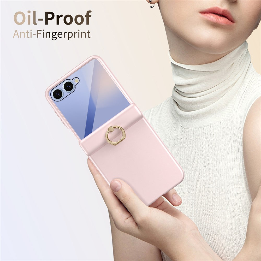 For Samsung Galaxy Z Flip7 5G Case with Tempered Glass Film Ring Holder Kickstand PC Phone Cover - Pink
