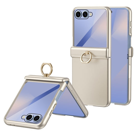 For Samsung Galaxy Z Flip7 5G Case with Tempered Glass Film Ring Holder Kickstand PC Phone Cover - Gold