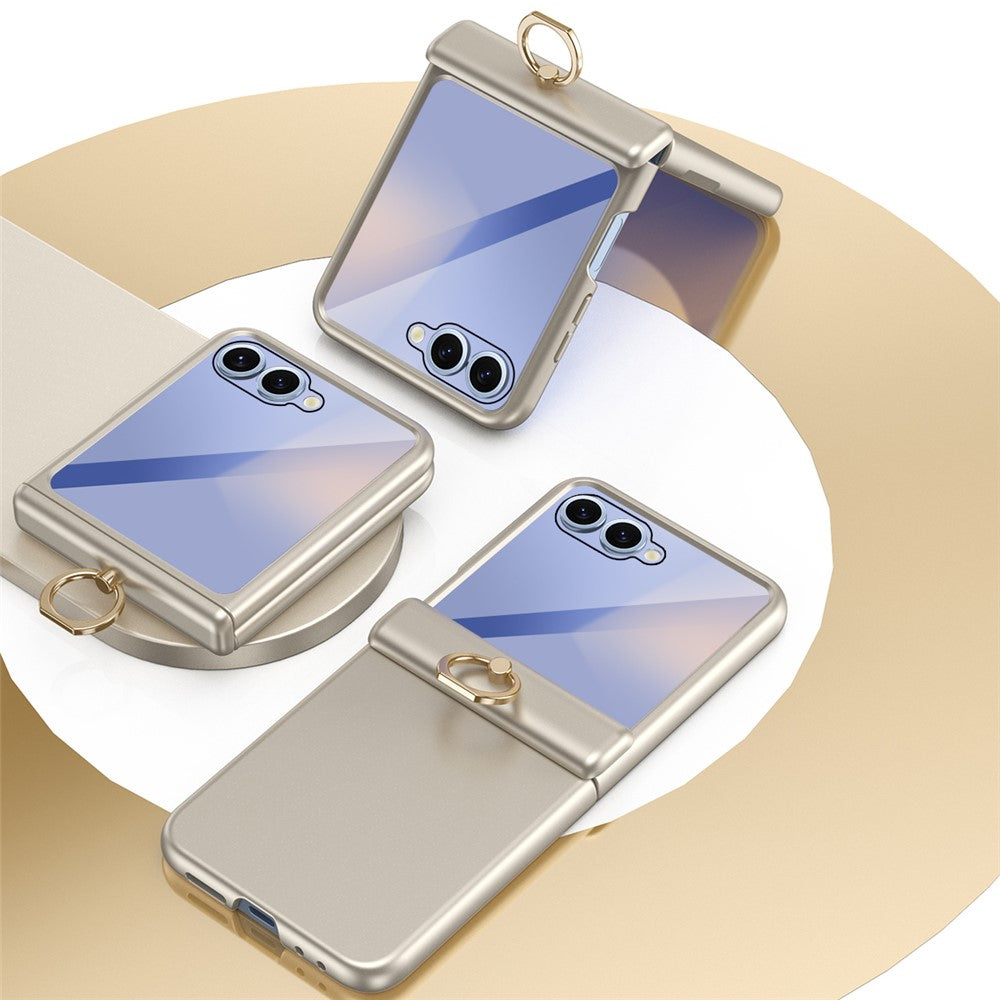 For Samsung Galaxy Z Flip7 5G Case with Tempered Glass Film Ring Holder Kickstand PC Phone Cover - Gold