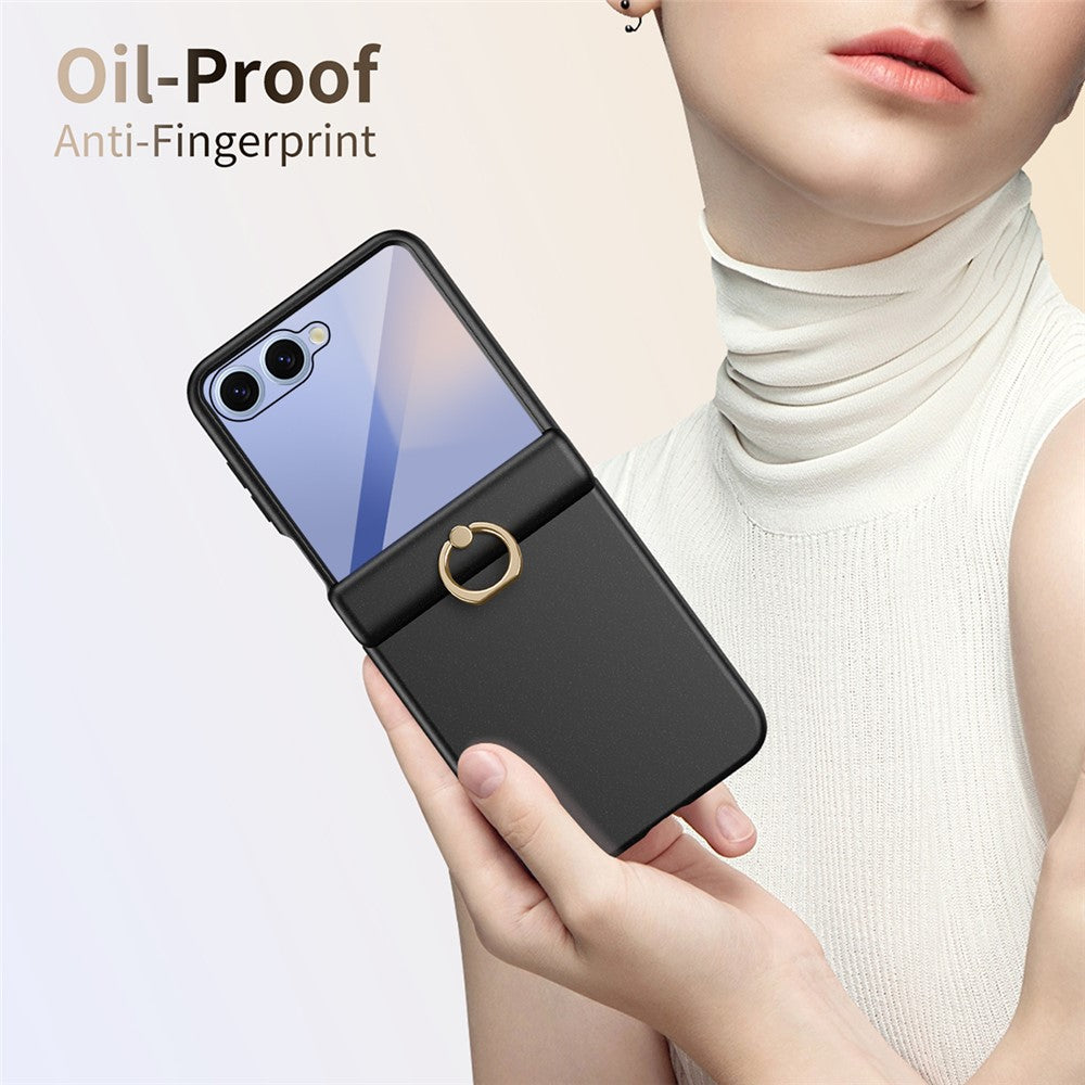 For Samsung Galaxy Z Flip7 5G Case with Tempered Glass Film Ring Holder Kickstand PC Phone Cover - Black