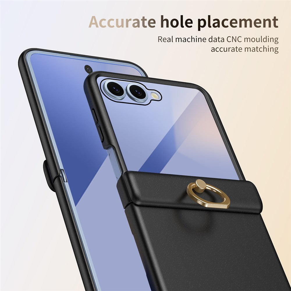 For Samsung Galaxy Z Flip7 5G Case with Tempered Glass Film Ring Holder Kickstand PC Phone Cover - Black