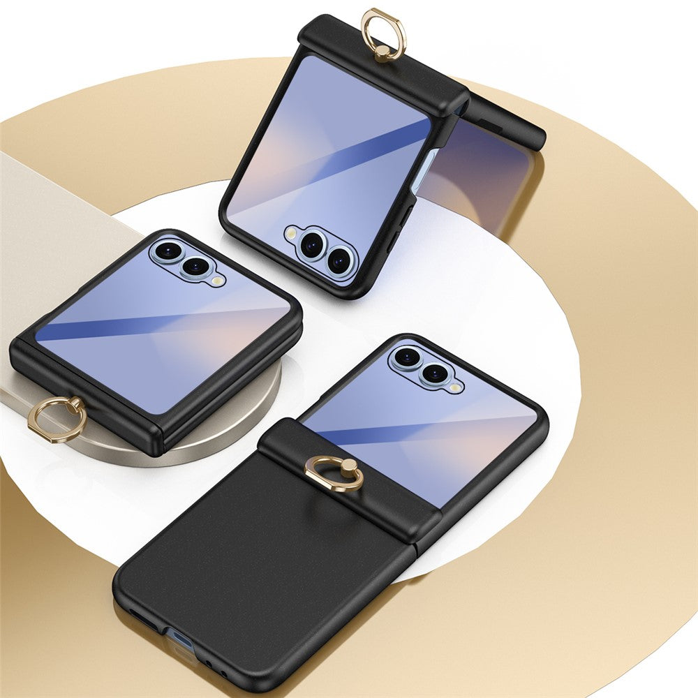 For Samsung Galaxy Z Flip7 5G Case with Tempered Glass Film Ring Holder Kickstand PC Phone Cover - Black