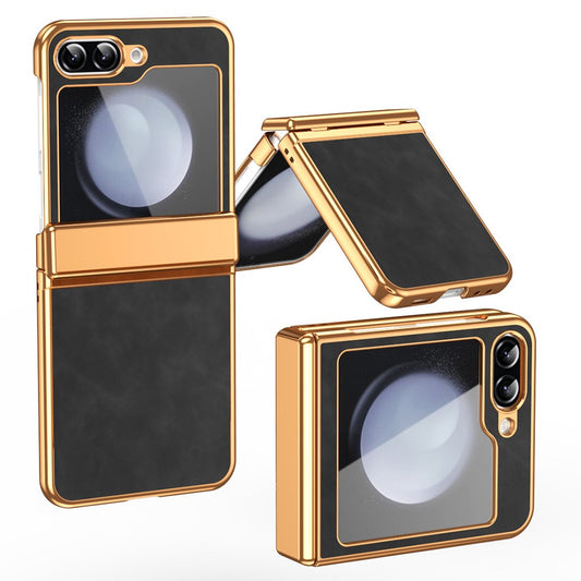 For Samsung Galaxy Z Flip7 FE 5G / Z Flip6 5G Case Hinge Protection Leather Coated PC Folding Phone Cover - Black