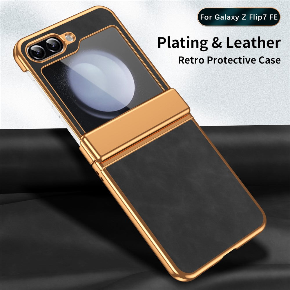 For Samsung Galaxy Z Flip7 FE 5G / Z Flip6 5G Case Hinge Protection Leather Coated PC Folding Phone Cover - Black