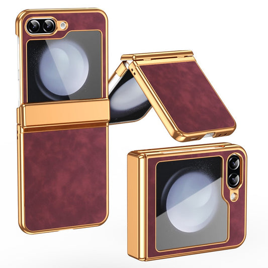 For Samsung Galaxy Z Flip7 FE 5G / Z Flip6 5G Case Hinge Protection Leather Coated PC Folding Phone Cover - Wine Red