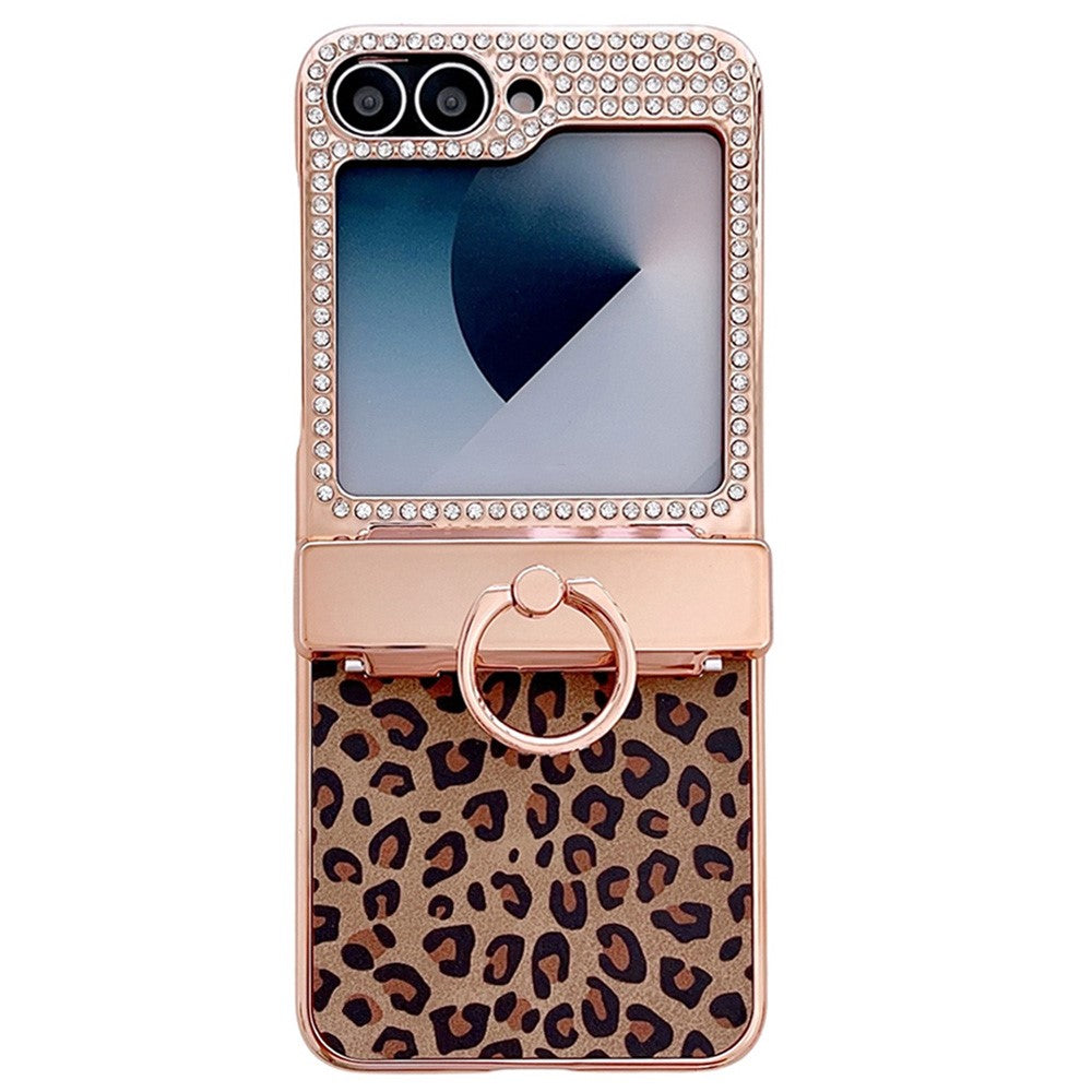 For Samsung Galaxy Z Flip7 FE 5G / Z Flip6 5G Case Leopard Pattern Ring Holder Rhinestone Hard PC Phone Cover - Gold