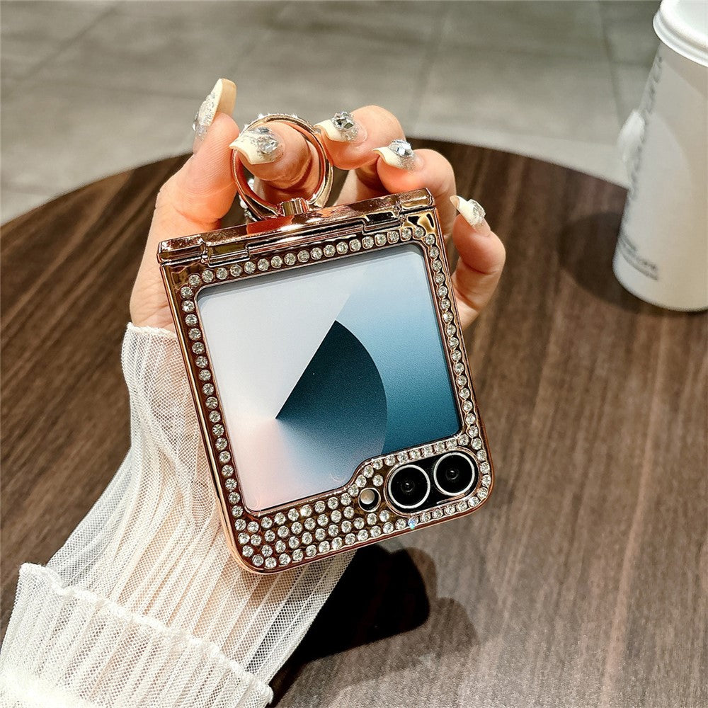 For Samsung Galaxy Z Flip7 FE 5G / Z Flip6 5G Case Leopard Pattern Ring Holder Rhinestone Hard PC Phone Cover - Black