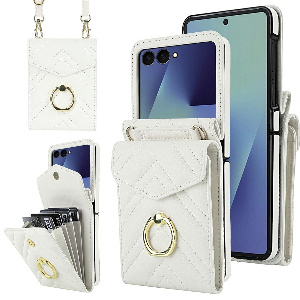 For Samsung Galaxy Z Flip7 5G Case RFID Blocking PU Leather + TPU Phone Cover with Shoulder Strap - White