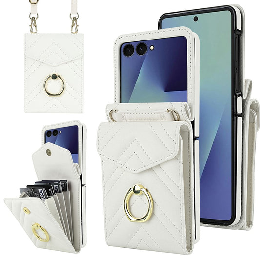 For Samsung Galaxy Z Flip7 5G Case RFID Blocking PU Leather + TPU Phone Cover with Shoulder Strap - White