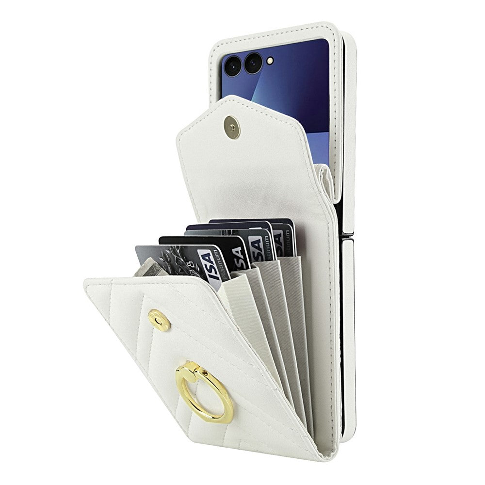 For Samsung Galaxy Z Flip7 5G Case RFID Blocking PU Leather + TPU Phone Cover with Shoulder Strap - White