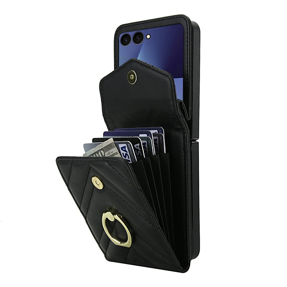 For Samsung Galaxy Z Flip7 5G Case RFID Blocking PU Leather + TPU Phone Cover with Shoulder Strap - Black