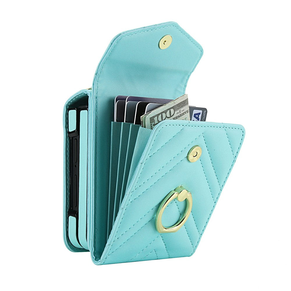 For Samsung Galaxy Z Flip7 5G Case RFID Blocking PU Leather + TPU Phone Cover with Shoulder Strap - Mint Green